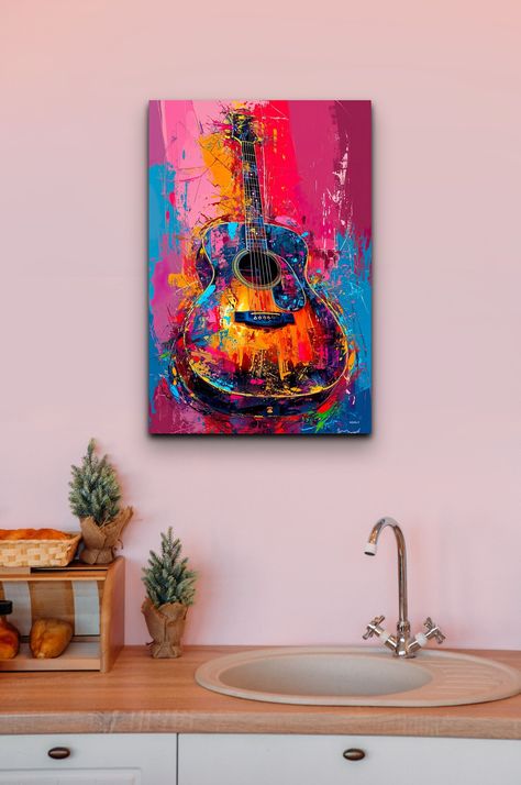 Abstract Guitar Painting, Guitar Painting On Canvas, Guitar Art Painting, Abstract Artwork Painting, Make Your Home Cozy, 3d Art Drawing, Guitar Painting, Home Cozy, Home Office Living Room