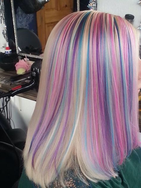 Awesome colors! Blonde With Different Color Highlights, Pink Blue Blonde Hair, Pink And Blue Highlights, Cotton Candy Hair, Hair Color Unique, Cute Hair Colors, Candy Hair, High Hair, Guest Hair