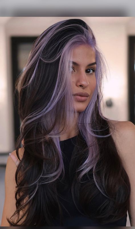 Fun Balayage Hair Dark Brown, Balayage Fun Colors, Balayage Hair Fun Colors, Long Hair Peekaboo Color, Hair Colour Ideas For Brunettes Balayage, Brunette Purple Ombre, Fun Hair Colour Ideas, Purple Hair With Highlights, Dark Brown And Purple Hair