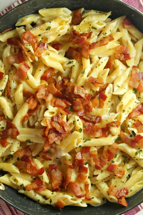 Creamy Bacon Alfredo Pasta! Alfredo Sauce With Bacon, Easy Pasta With Bacon, Bacon Alfredo Pasta Recipes, Pasta Bacon Recipes, Bacon Alfredo Pasta, Alfredo Dinner, Bacon Alfredo, Bacon Pasta Recipes, Bacon Recipes For Dinner