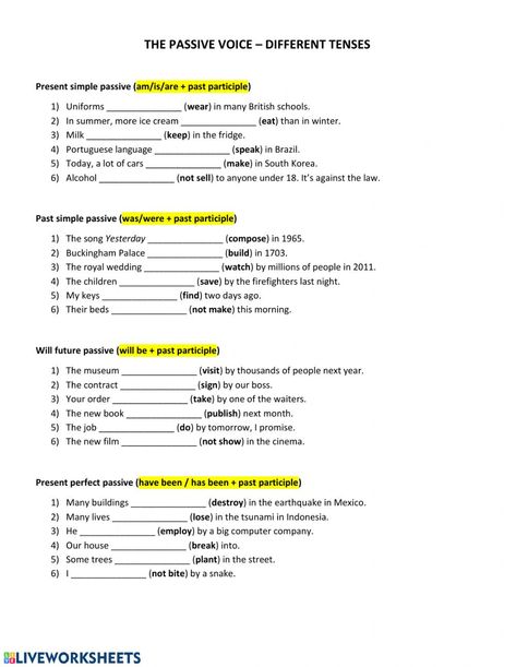 Tenses Worksheet, Past Tense Worksheet, Tenses Exercises, Active And Passive Voice, Materi Bahasa Inggris, Passive Voice, Active Voice, Simple Present Tense, Simple Past Tense