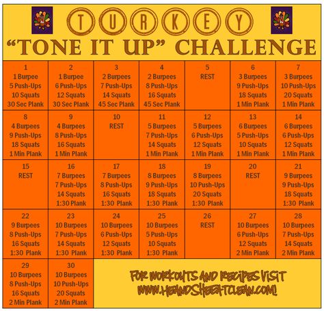 We could all use a little extra activity during the month of November so join our Turkey Tone It Up Challenge! I suggest doing this right when you wake up - what a great way to start your day! For more workouts visit HeandSheEatClean.com. #November #turkey #fall #challenge #fitness #workout #cleaneating #heandsheeatclean He And She, Month Workout Challenge, Clean Eating Lifestyle, Month Workout, 30 Day Fitness, Push Up Challenge, Popular Workouts, Lose 30 Pounds, Fitness Challenge