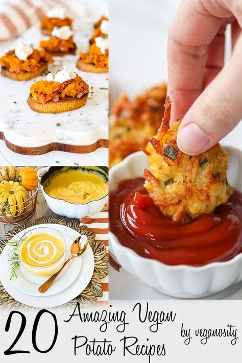 We're sharing 21 of our best vegan potato recipes! You'll find no oil plant-based dishes, and easy breakfast, side dish and dinner recipes. Sweet Potato Appetizers, Sweet Potato Noodle Salad, Vegan Potato Recipes, Vegan Breakfast Casserole, Vegan Potato Soup, Breakfast Sides Dishes, Vegan Fried Chicken, Easy To Make Breakfast, Creamy Potato Salad