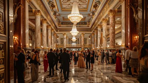 Elegant Gala Event: Guests in formal attire gather in a grand ballroom adorned with crystal chandeliers and opulent decor. #elegance #gala #ballroom #chandeliers #opulence #aiart #aiphoto #stockcake ⬇️ Download and 📝 Prompt 👉 https://ayr.app/l/ixrn Charity Gala Aesthetic, Opulent Decor, Ballroom Aesthetic, Ballroom Party, Gala Event, Grand Ballroom, Gala Events, Crystal Chandeliers, Formal Attire