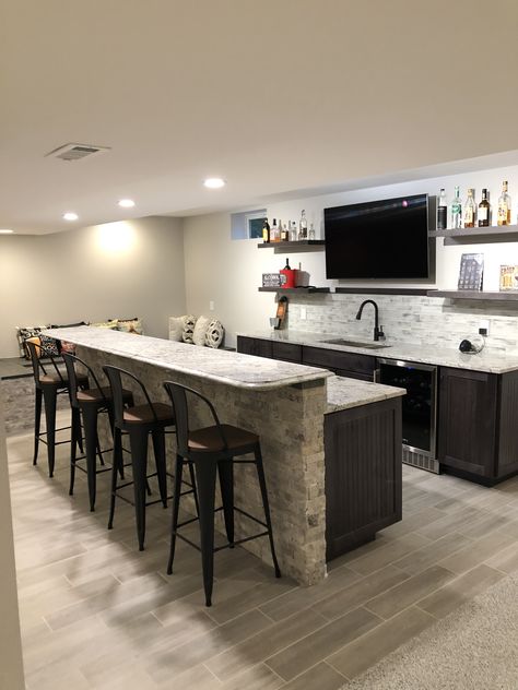 High Countertop Bar, Kitchen Countertop Bar, Basement Bar Stools, Bar Countertop Design, Basement Bar Flooring, Bar Makeover Ideas, Basement Home Bar, White Cabinets Basement Bar, Basement Bar And Living Room Ideas