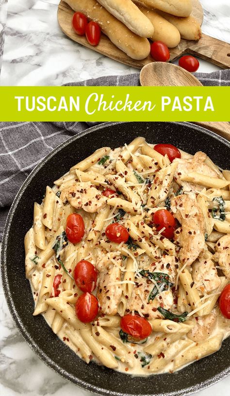 Creamy pasta with delicious Italian flavor, this Tuscan Chicken Pasta is sure to warm up your whole family when the weather gets chilly. Featuring our Juno® Bites Red Grape Tomatoes, you’ll get a pop of juicy flavor that can’t be beat in every bite. #tomato #grapetomato #pasta #chicken #tuscan #onepotdinner #flavorUP Tuscan Chicken Pasta With Cherry Tomatoes, Pasta With Grape Tomatoes, Vegetable Primavera, Chicken Tuscan, Grilled Romaine Lettuce, Fall Favorites Recipes, Tuscan Chicken Pasta, Blt Pasta Salads, Veggie Breakfast