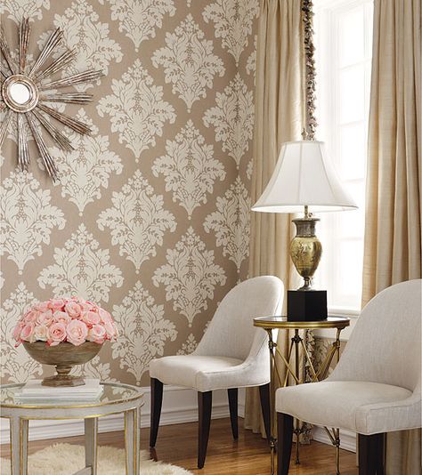 wallpaper for living rooms ideas | 10 Divine Damask Wallpapers for Every Room Classic Wallpaper, Wallpaper Accent Wall, Damask Wallpaper, Inspirational Wallpapers, Kitchen Decorating, Wallpaper Bedroom, Wallpaper Living Room, Room Wallpaper, Home Wallpaper