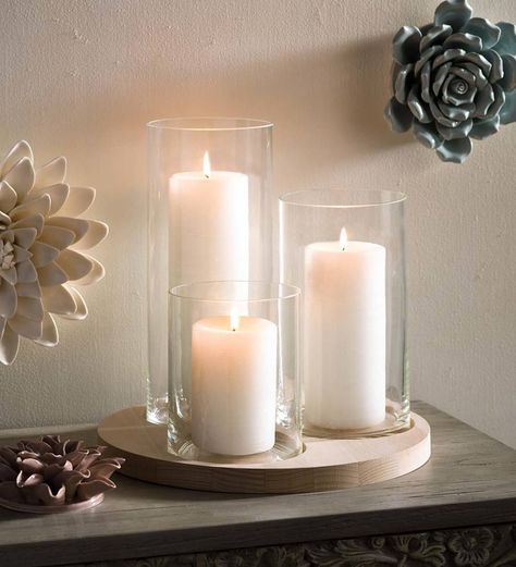 Hurricane/Vase Platter Set | VivaTerra Candles Centerpieces For Home, Candle Setting Ideas, Vase And Candle Decor, Candle Arrangements Table, Tray Of Candles, Dining Table Centerpiece Candles, Candle In Glass Vase Decor, Candle Trio Centerpiece, Candle Arrangements Living Room