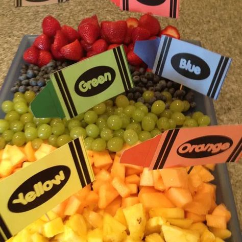 Crayon Party Ideas - HubPages Teacher Graduation Party, Crayola Birthday Party, Fruit Tray Ideas, Crayon Birthday Parties, Preschool Graduation Party, Kids Art Party, Art Themed Party, Kindergarten Graduation Party, Kindergarten Party