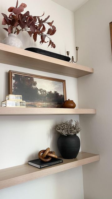 Ikea Lack White Wall Shelf, 2 Floating Shelves Living Room, Ikea Lack Floating Shelves, Floating Shelves Between Two Walls, Floating Oak Shelves, Spacing Between Floating Shelves, Wallpaper Behind Floating Shelves, Dining Room Floating Shelves Decor, Lack Ikea Shelf