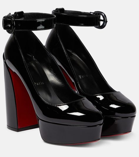 Movida Strap patent leather platform pumps in black - Christian Louboutin | Mytheresa Louboutin Online, Red Bottom Heels, Dr Shoes, Cute Shoes Heels, Red Louboutin, Louboutin Heels, Fancy Shoes, Patent Leather Pumps, Pretty Shoes