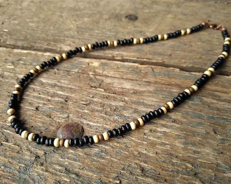 #black and #white #wooden #beaded #necklace #handmade by reccabella #Etsyshop #Etsyseller #madeintheuk #handmadejewellery #bohojewellery #beadedjewellery #giftideas #giftformum #giftforher #woodennecklace #surferstylenecklace #surfernecklace #surferstyle #beadednecklace #giftforhim #mensnecklace #boyfriendgift #boyfriendnecklace #blackandwhitewoodennecklace #blackwoodennecklace Handmade Bead Jewellery, Boyfriend Necklace, Beach Inspiration, White Beaded Necklaces, Bright Boho, Wooden Bead Necklaces, Necklace Mens, Boho Jewellery, Surfer Necklace