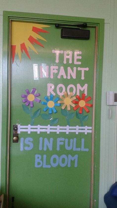 Welcome To The Infant Room, April Daycare Door Ideas, Infant Room Daycare Decorations Spring, Infant Door Decorations, April Classroom Door Ideas Spring, Daycare Diy Decor, Spring Infant Classroom Door, Baby Classroom Decoration, Infant Classroom Themes Daycare