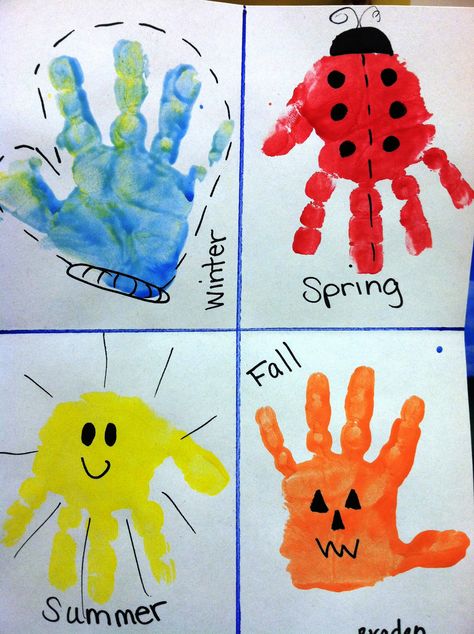 Super easy seasons hand print craft. Season Handprint Craft, Four Seasons Handprint Craft, Baby Foot Print Art Summer, A Is For Craft Handprint, L Handprint Craft, Ladybug Hand Print, Seasons Handprint Craft, Hand Print Activity For Kids, M Handprint Craft