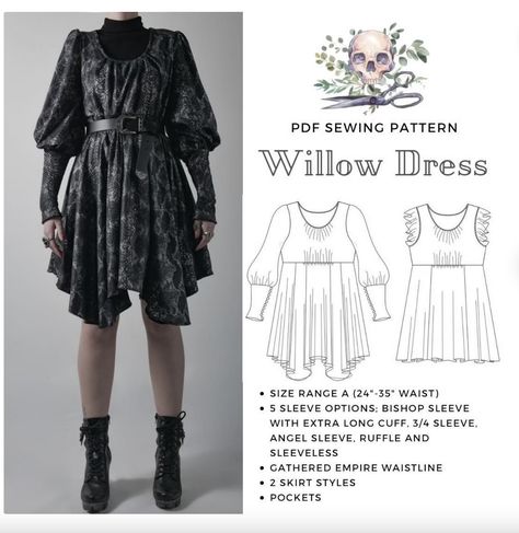 Witchy Dress, Willow Dress, Angel Sleeves Dress, Dress Patterns Free, Skirt Patterns Sewing, Ruffle Sleeve Dress, Sewing Skirts, Clothes Sewing Patterns, Gothic Dress