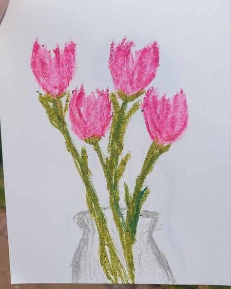 Oil Pastel Spring Art, Plant Oil Pastel, Tulips Oil Pastel, Pastel Artwork Flower, Oil Pastel Easy Drawing, Crayola Drawing, Pastel Tulips, High Drawings, Tulip Drawing