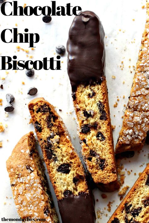 Chocolate Chip Biscotti are crisp,crunchy cookies packed with chocolate chips and dipped in chocolate. Just right for for munching, dunking and gifting! #themondaybox #biscotti #cookies #foodgifts #christmas #christmascookies #cookieexchange Chocolate Chip Biscotti Recipe, Chocolate Chip Biscotti, Chocolate Biscotti Recipe, Country Desserts, Chocolate Chip Dip, Beautiful Baking, Crunchy Chocolate, Dipped In Chocolate, Biscotti Cookies