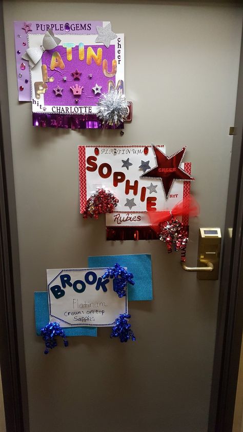 Cheer door signs. Cheer Competition Hotel Door Signs, Cheer Dorm Door Decorations, Dance Competition Hotel Door Signs, Cheer Door Decorations Hotel, Cheer Camp Door Decorations, Uca Cheer Camp, Uca Cheer, Dorm Signs, Dorm Door Decorations