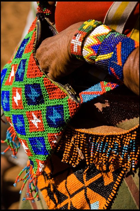 Africa | "Pieces of Colour".  San (Bushmen) woman's details.  Kalahari, Namibia| ©Izla Kaya Bardavid Ghana Beads, African Beadwork, Poverty And Hunger, Ethnic Bag, African People, Out Of Africa, African Beads, African Culture, African Design