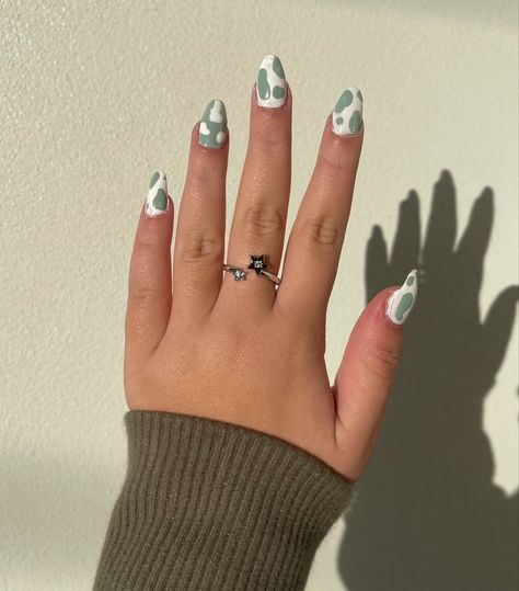 Sage Green Cow Print Nails, Sage Green And White Aesthetic, Green Cow Print Nails, Indie Nail Art, Green And White Aesthetic, Cowboy Nails, Bestie Vibes, Cow Nails, 2024 Nails