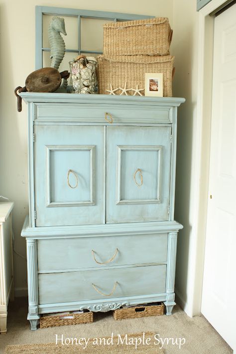 Refurbished, Sea-Inspired Armoire - Honey and Maple Syrup Refurbished Armoire, Armoire Makeover, Bedroom Armoire, Beachy Decor, Coastal Bedrooms, Sea Inspired, Coastal Furniture, Refurbished Furniture, Redo Furniture