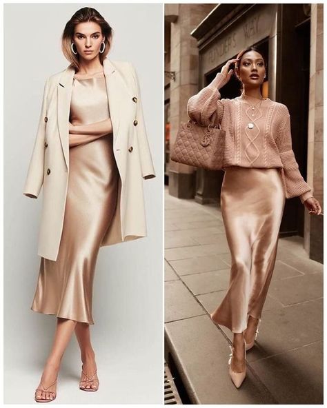 Brown Satin Skirt Outfit Classy, Beige Silk Skirt Outfit, Silk Skirt Outfit Classy, Satin Dress Outfit, Silk Skirt Outfit, Ținute Business Casual, Satin Skirt Outfit, Slip Dress Outfit, Rok Outfit