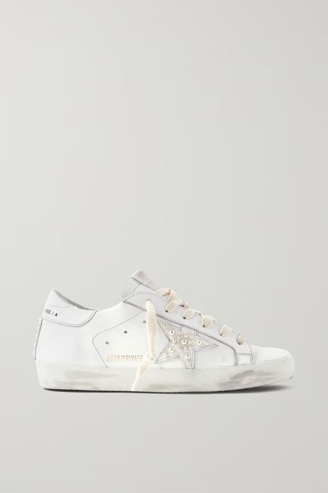 White Superstar faux pearl-embellished distressed leather sneakers | GOLDEN GOOSE | NET-A-PORTER White Sneakers Designer, Clean Golden Goose Sneakers, Golden Goose With Wedding Dress, Pearl Golden Goose, Golden Goose Wedding Shoes, Wedding Golden Goose, It Girl Sneakers, White Golden Goose, Shoes Preppy