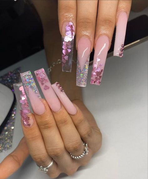 Vday Nails, Encapsulated Nails, Purple Acrylic Nails, Sassy Nails, Drip Nails, Dope Nail Designs, Long Acrylic Nails Coffin, Long Square Acrylic Nails, Bling Acrylic Nails