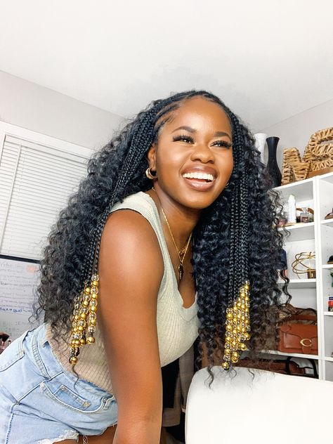 African American woman in half up half down bohemian crochet protective hairstyle. Feed in cornrow braids at the front and crochet at the back using shakengo freetress braid hair, 22” deep twist in the color #1B Protective Hairstyles Half Up Half Down, Half Cornrows Half Bohemian Box Braids, Half Up Half Down Bohemian Braids, Half Braids Half Curly Hair, Half Up Half Down Protective Styles, Bohemian Half Up Half Down, Half Cornrows Half Curly Weave Short, Crochet Hairstyles Half Up Half Down, Cornrow Half Up Half Down