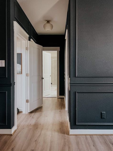 Dark bedroom walls with paintable outlet covers Dark Bedroom Walls, Wall Outlet Covers, Linden Homes, Blogger Home, Dark Bedroom, House Color Schemes, Bedroom Walls, Dark Walls, Minimalist Chic