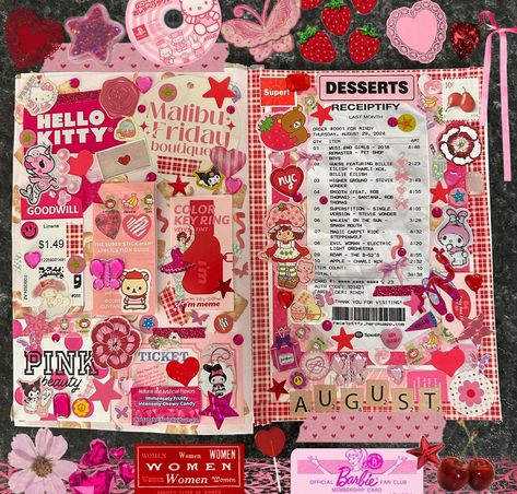 Back to your regularly scheduled maximalism 🌹🎀❣️🎟️🍒 One of my August recap pages! I realized I ended up with a lot of pink and red packaging and paper so ofc I had to use them! This one also has my August Receiptify, planning on doing another few pages with the rest of my stuff & the movies and shows I watched in August too :-) #journal #journalwithme #journaltour #scrapbook #junkjournal #junkjournalcommmunity #stickers #collage #creativejournal #creativejournaling Collage Scrapbook, Pet Shop Boys, Bullet Journal Aesthetic, Wreck This Journal, Journal Aesthetic, Creative Journal, Journal Paper, Scrapbook Journal, Sketchbook Art Inspiration