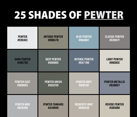 The shades of pewter color aren't just variations of gray; they tell tales of seas and skies, of whispers in hushed libraries, and of silent gazes that speak volumes. Colour Descriptions, Color Vocabulary, Color Names Chart, Color Mixing Chart Acrylic, Shades Of Silver, Flat Color Palette, Rgb Color Codes, Christmas Color Palette, Colour Pallets