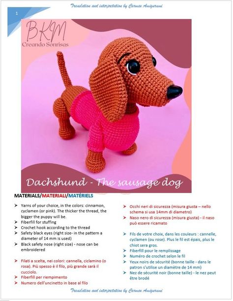 Sausage Dog – Free crochet pattern – Carmen Crochet Dog Sweater Crochet Pattern, Dachshund Pattern, Crochet Dog Patterns, Knitted Slippers Pattern, Knit Dog Sweater, Crochet Animals Free Patterns, Crochet Amigurumi Free, Crochet Stitches For Beginners, Crochet Animal Patterns