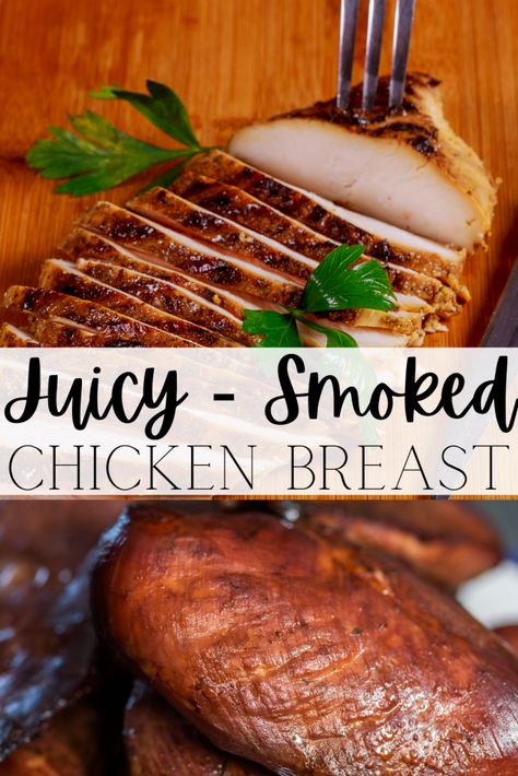 Learn how to transform boneless chicken breasts (or a whole chicken) into the most flavorful and tender smoked chicken breast! Cooked perfectly at a lower temperature till it reaches 165°F. This chicken breast is loaded with smoky flavor and it's the perfect juicy smoked breast for any meal! #smokedchickenbreast Smoked Bbq Chicken Breast, Smoked Chicken Breast Boneless, Smoker Chicken Breast, Smoked Bone In Chicken Breast, Brining Chicken Breast, Pellet Grill Chicken Breast, Smoked Chicken Breast Recipes, Chicken Breast Brine Recipe, Smoker Meals