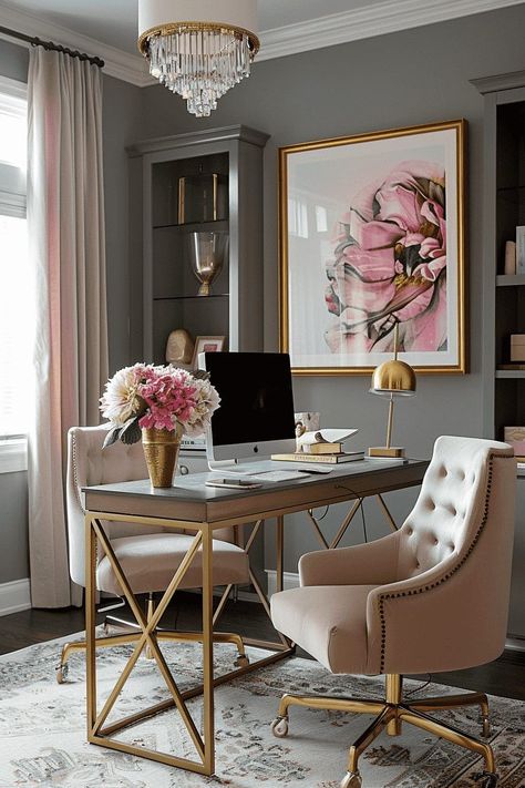 Feminine Home Office Classy, White Gold Office, Glam Office Decor, Feminine Home Office, Feminine Home Office Ideas, Space Beauty, Beautiful Office Spaces, Feminine Home, Chic Office Decor