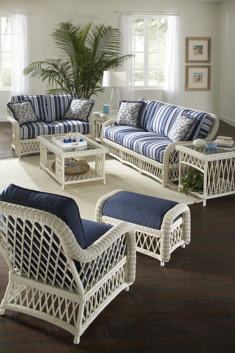 Sunroom Decor, White Wicker Furniture, Sunroom Furniture, Colorful Cottage, Beach House Interior Design, House Makeover, Woven Furniture, Cane Chair, Coastal Living Rooms