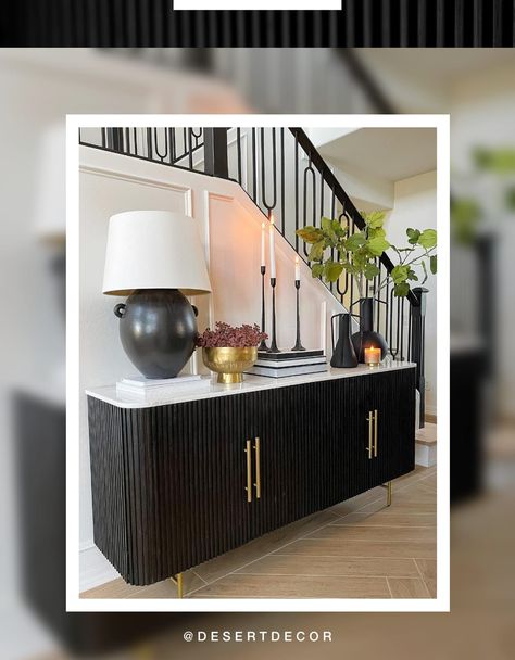 Finnley Sideboard, Stylish Entryway, Credenza Decor, Sideboard Styles, Media Consoles, Sideboard Decor, Entryway Inspiration, Black Sideboard, Table Inspiration