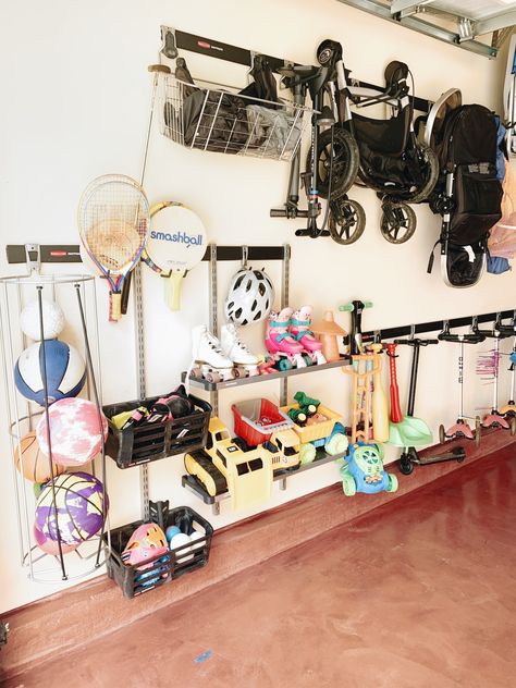 Garage Weight Rack, Fasttrack Garage Ideas, Rubbermaid Fast Track Garage Ideas, Rubbermaid Garage Organization, Rubbermaid Fast Track Garage, Garage Organization Bikes, Organize Toddler Toys, Garage Workspace, Garage Inspiration