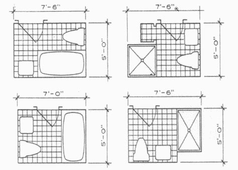 Here are some minimal size bath layouts from Architectural Graphic Standards: Small Full Bathroom Layout, Bathroom Plumbing Layout, Small Bathroom Dimensions, Small Bathroom Plans, Plumbing Layout, Small Full Bathroom, Viking Range, Small Bathroom Layout, Best Kitchen Design