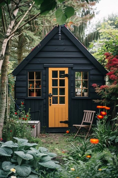 Black Shed Ideas for Striking Backyard Appeal Backyard Cabin Shed, Black She Shed Ideas, Yellow Shed Ideas, Goth She Shed, Exterior Shed Ideas, Black Sheds Ideas Backyard, Renovated Shed, Outdoor Shed Color Ideas, Gardening Sheds Ideas