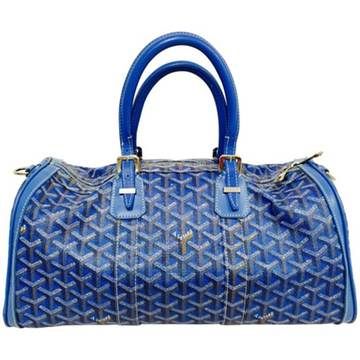 Goyard | Goyard Blue Croissiere Boston Bag 1st Dibs, Top Handle Bags, Boston Bag, Signature Print, Leather Handles, Leather Handle, Vintage Tops, Fashion Handbags, Louis Vuitton Damier