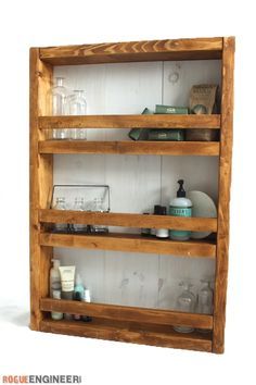 Apothecary DIY Wall Shelf Plans - Free DIY Plans | rogueengineer.com/ #Wall_Shelf #DecorDIYplans Diy Wall Shelf, Apothecary Wall, Apothecary Diy, Shelf Plans, Kitchen Wall Shelves, Diy Organizer, Diy Bathroom Storage, Regal Design, Diy Wall Shelves