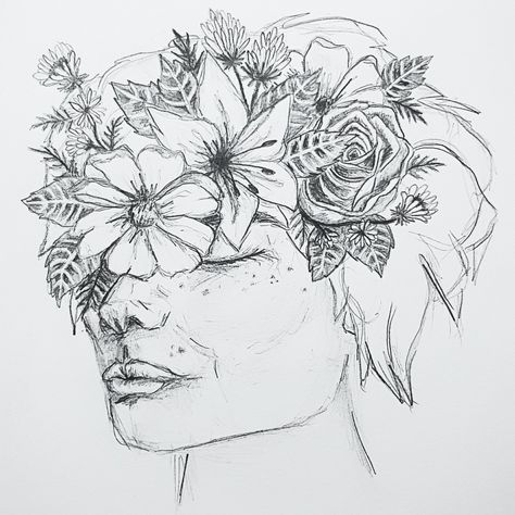 One of my sketches, a woman with flowers in her hair. Pencil drawing Flowers Coming Out Of Head Drawing, Hair Pencil Drawing, Beast Tattoo, Beauty And The Beast Tattoo, Flowers In Your Hair, Woman With Flowers, Beauty Drawings, Lady Face, Flowers In Her Hair