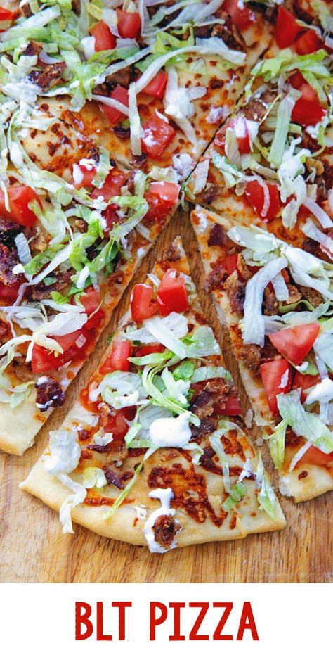 BLT Pizza -- Turn your favorite summer sandwich into a pizza with this BLT Pizza Recipe! The cheesy dough is baked then topped with crisp bacon, lettuce, and fresh tomatoes and a sour cream aioli drizzle. It's the perfect summer dinner, but also makes a fabulous party appetizer. via @wearenotmartha Homemade Blt Pizza, Blt Flatbread Pizza, Blt Dinner Ideas, Blt Pizza Recipe With Mayo, Blt Flatbread, Blt Pizza Recipe, Unique Pizza Recipes, Blt Pizza, Best Food Delivery Service