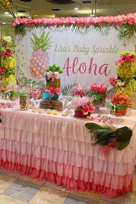 Take a look at this fab luau baby shower! The dessert table is beautiful! See more party ideas and share yours at CatchMyParty.com Aloha Baby Shower Ideas Girl, Luau Baby Shower Ideas Girl, Hawaiian Dessert Table, Summer Theme Baby Shower Ideas, Aloha Baby Shower Ideas, Hawaiian Baby Shower Theme, Luau Baby Shower Ideas, Tropical Baby Shower Ideas, Tropical Baby Shower Theme