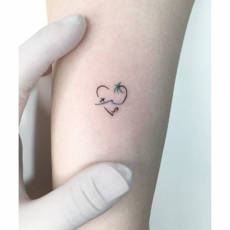 Travel Heart Tattoo, Cute Small Holiday Tattoos, Heart Plane Tattoo Small, Heart And Sea Tattoo, Matching Tattoos For Best Friends Travel, Wave In Heart Tattoo, Small Simple Travel Tattoos, Heart Beach Tattoo, Delicate Travel Tattoo