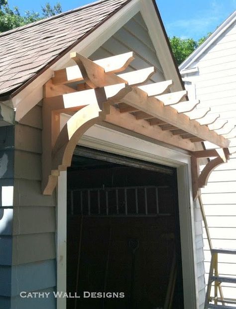 Stained Wood Front Porch Floor, Garage Pergolas, Garage Arbor, Garage Trellis, Door Pergola, Garage Pergola, Cheap Pergola, Garage Remodel, Casa Exterior