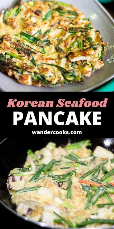 An epic Korean street food, perfect for a snack or dinner. Get these golden and crispy fried Haemul Pajeon (aka Korean Seafood Pancakes) on the table in just 20 minutes! Crispy Korean Pancake Recipe, Recipes With Seafood, Korea Pancake, Tai Food Recipes, Brunch Potluck, Haemul Pajeon, Korean Pancake Recipe, Korean Seafood Pancake, Healthy Korean Recipes