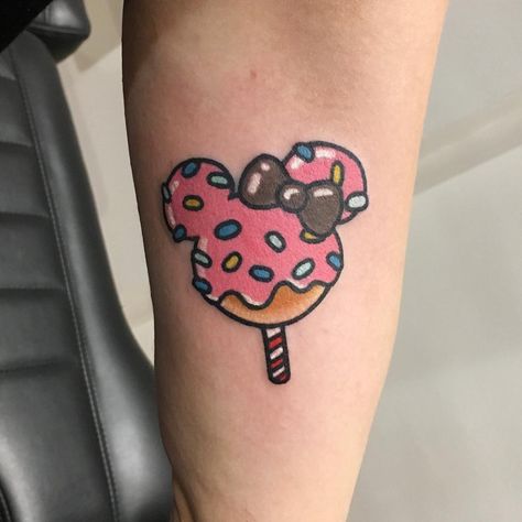 Cake Pop Tattoo, Pixar Tattoos, Lollipop Tattoo, Baking Tattoo, Mickey And Minnie Tattoos, Donut Tattoo, Minnie Tattoo, Happiness Tattoo, Food Tattoos