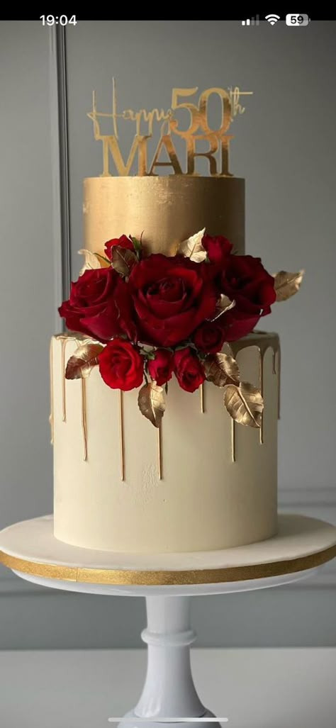 2 Tier Wedding Anniversary Cake, 6 Tier Birthday Cake, Red Black And Gold Cake Ideas, Milestone Birthday Cakes For Women, 50th Birthday Cake Red And Gold, White Wedding Cake Red Roses, Maroon And Gold Wedding Cake, Burgundy And Gold Cake Birthday, 25 Anniversary Cake Designs